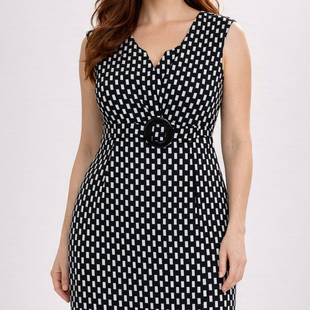Classic Black and White Patterned Dress for Office, Professional Work Wear Retro